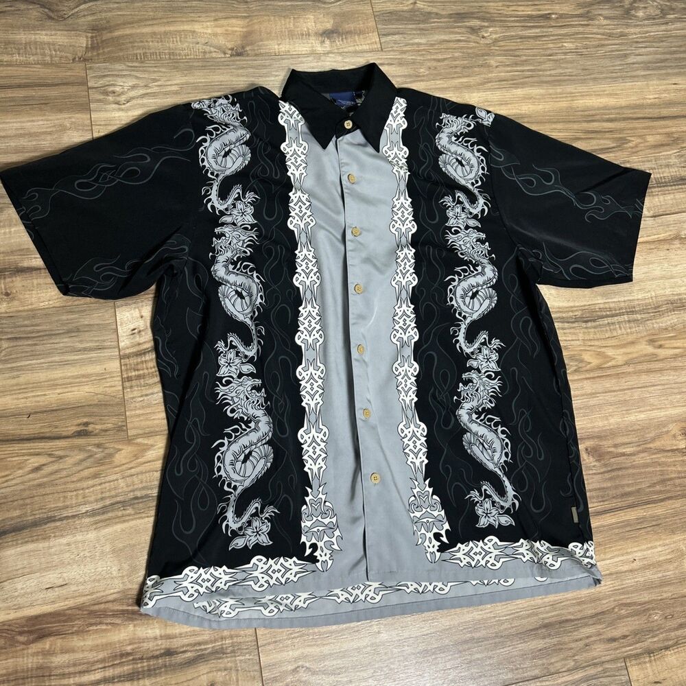 SIDEOUT Men's Short Sleeve Button Down Floral Dragon Hawaiian Shirt Black XL